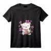 Femme Kawaii Chat Japonais et Sushi T-Shirt avec Col en V - Maneki Neko et Fleurs de Cerisier