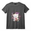 Femme Kawaii Chat Japonais et Sushi T-Shirt avec Col en V - Maneki Neko et Fleurs de Cerisier