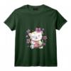 Femme Kawaii Chat Japonais et Sushi T-Shirt avec Col en V - Maneki Neko et Fleurs de Cerisier