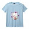 Femme Kawaii Chat Japonais et Sushi T-Shirt avec Col en V - Maneki Neko et Fleurs de Cerisier