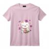 Femme Kawaii Chat Japonais et Sushi T-Shirt avec Col en V - Maneki Neko et Fleurs de Cerisier