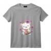 Femme Kawaii Chat Japonais et Sushi T-Shirt avec Col en V - Maneki Neko et Fleurs de Cerisier