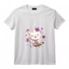 Femme Kawaii Chat Japonais et Sushi T-Shirt avec Col en V - Maneki Neko et Fleurs de Cerisier